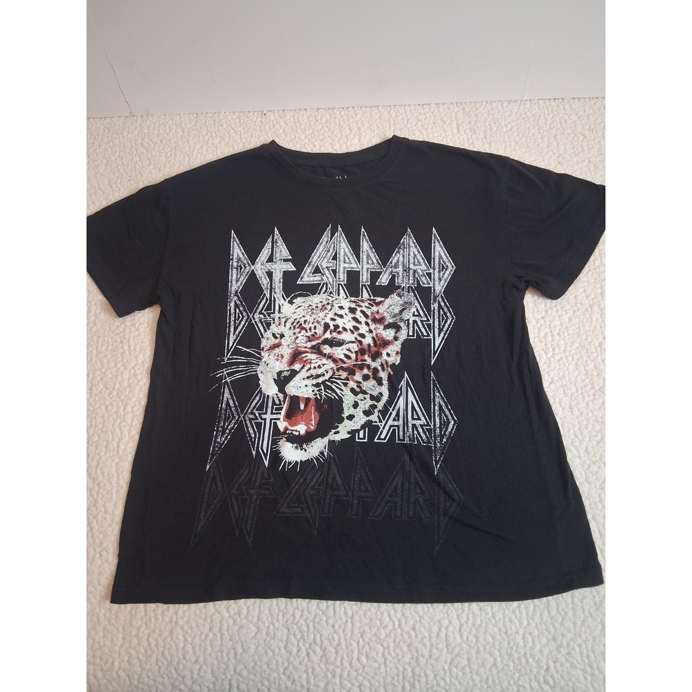 Def Leppard Graphic Tee Black Cotton Leopard Rock Band T-Shirt Womens Large